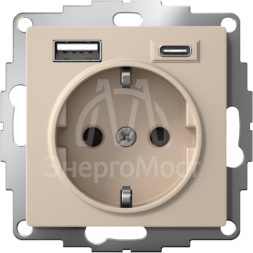 Розетка AtlasDesign 16А с 2-мя заряд. устройствами USB тип A+C 5В/2.4А/3.0А 2х5В/1.5А механизм песочн. SE ATN001232