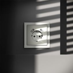 Розетка 1-м СП S70 16А с USB A+A с заземл. защ. шторки механизм сталь Voltum VLS040405