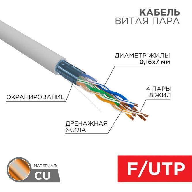 Кабель витая пара F/UTP кат.5e 4х2х24AWG PVC INDOOR медь МЖ сер. (305м) Rexant 01-0145
