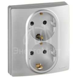 Розетка 2-м СП Etika 2К+З 16А защ. шторки с заземл. безвинт. зажимы в сборе алюм. Leg 672433
