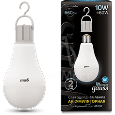 Лампа светодиодная Black 10Вт A60 4100К нейтр. бел. E27 660лм Li-Ion аккум. GAUSS 102402200