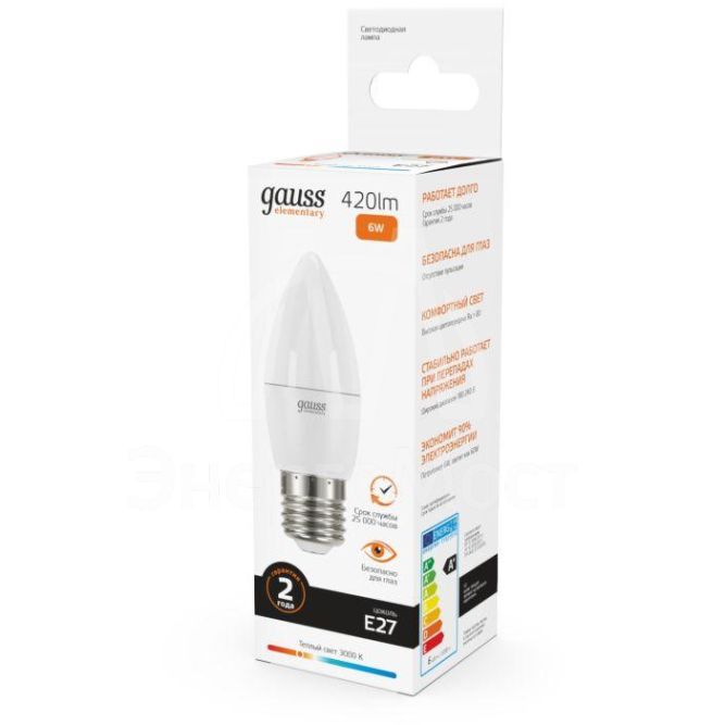 Лампа светодиодная Elementary 6Вт свеча 3000К тепл. бел. E27 420лм 180-240В Gauss 33216