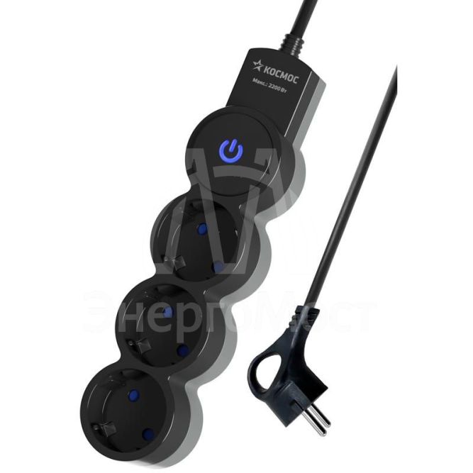 Удлинитель 3х3м ПВС 3х0.75 с защ. шторк. с заземл. IP20 с выкл. 220В 10А 2200Вт черн. КОСМОС YKsm3m-3g-Z-V10A-B