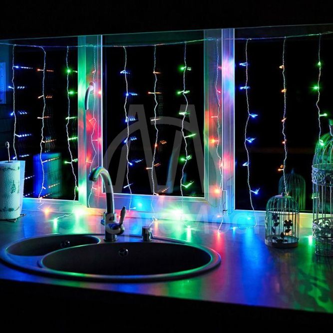 Гирлянда &amp;quot;Светодиодный дождь&amp;quot; с контроллером 1.5х1м 96LED мульти. прозр. провод 8Вт 230В IP20 NEON-NIGHT 235-029