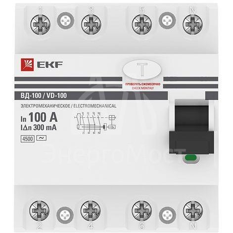Выключатель дифференциального тока (УЗО) 4п 100А 300мА тип AC ВД-100 (электромех.) PROxima EKF elcb-4-100-300-em-pro