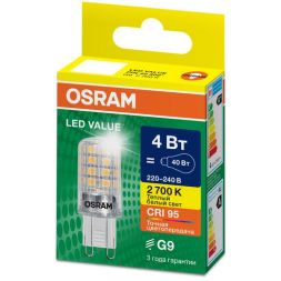Лампа светодиодная LED G4 Value LVPIN40 4W/927 CRI95 4Вт 2700К 560лм капсульная прозр. G9 220-240В OSRAM 4610590510320