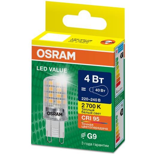 Лампа светодиодная LED G4 Value LVPIN40 4W/927 CRI95 4Вт 2700К 560лм капсульная прозр. G9 220-240В OSRAM 4610590510320