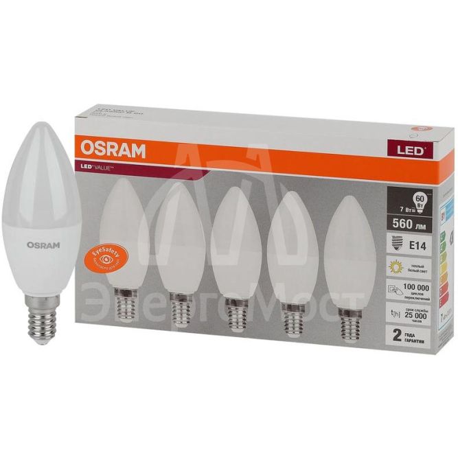 Лампа светодиодная LED Value LVCLB60 7SW/830 230В E14 2х5 RU (уп.5шт) OSRAM 4058075577923