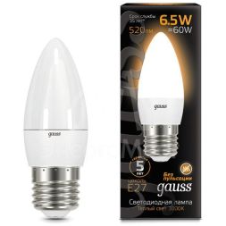 Лампа светодиодная Black 6.5Вт свеча 3000К тепл. бел. E27 520лм GAUSS 103102107