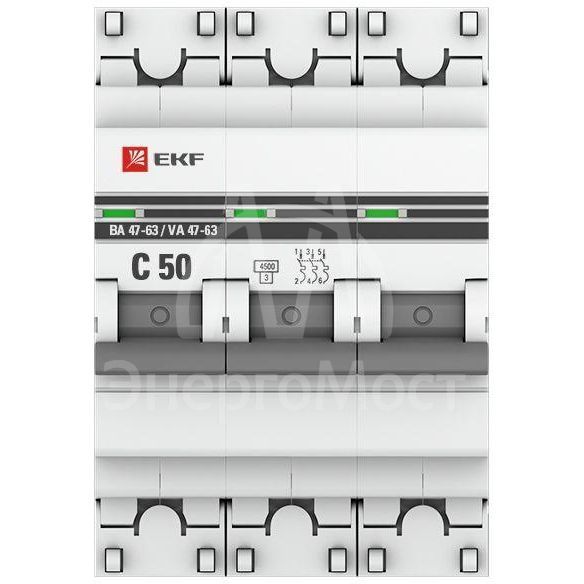 Выключатель автоматический модульный 3п C 50А 4.5кА ВА 47-63 PROxima EKF mcb4763-3-50C-pro