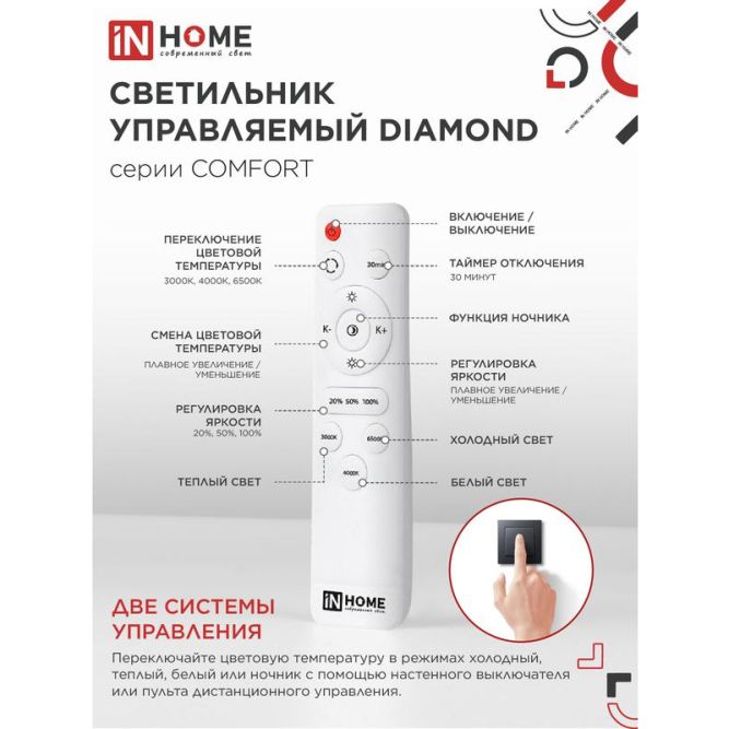 Светильник светодиодный COMFORT DIAMOND 36Вт 230В 3000-6500К 2900лм 330х80мм с пультом ДУ IN HOME 4690612035031