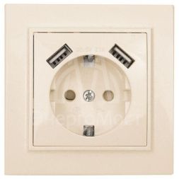 Розетка 1-м СП Минск 16А IP20 с заземл. защ. шторки с 2-мя заряд. устройствами USB 2.1А беж. EKF ERR16-028-200-2USB