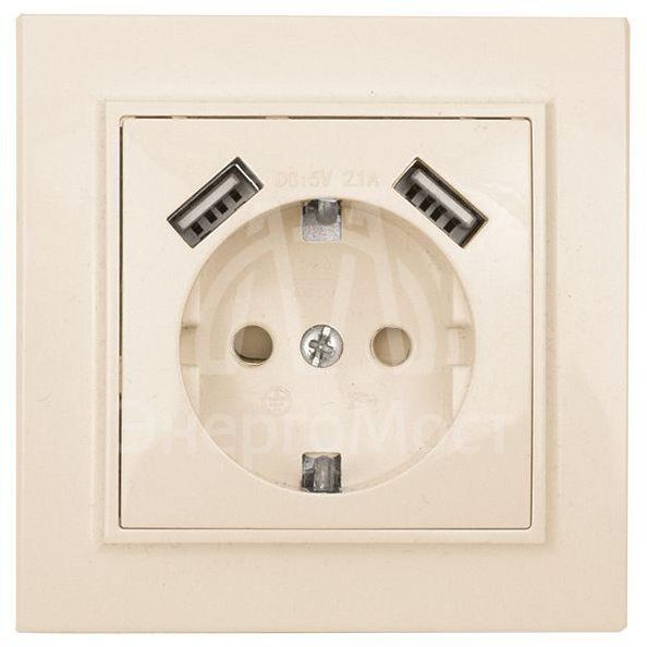 Розетка 1-м СП Минск 16А IP20 с заземл. защ. шторки с 2-мя заряд. устройствами USB 2.1А беж. EKF ERR16-028-200-2USB