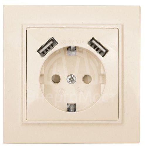 Розетка 1-м СП Минск 16А IP20 с заземл. защ. шторки с 2-мя заряд. устройствами USB 2.1А беж. EKF ERR16-028-200-2USB