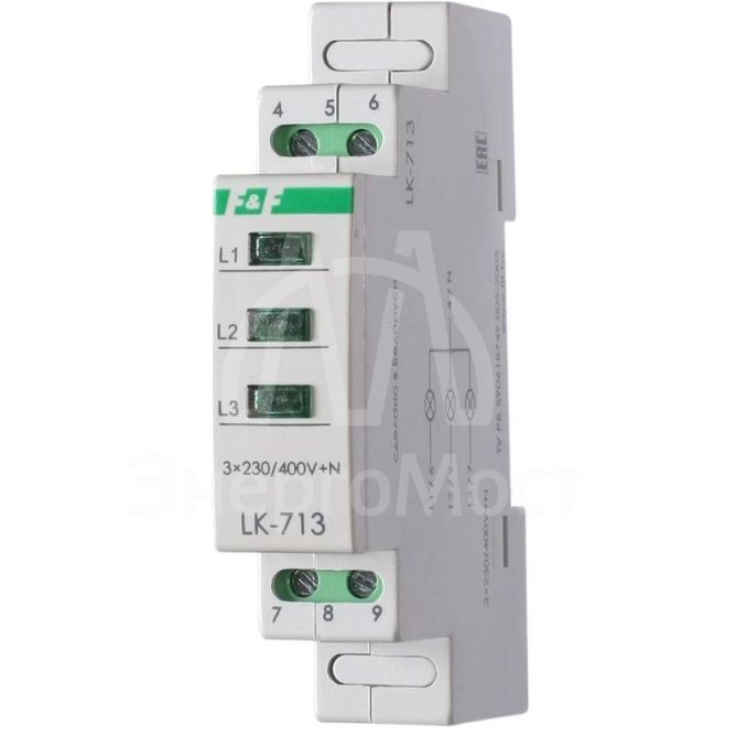 Указатель напряжения LK-713 3 зел. светодиода (сигнализация наличия 3ф 35мм 3х400/230+N IP20 монтаж на DIN-рейке) F&amp;amp;F EA04.007.002
