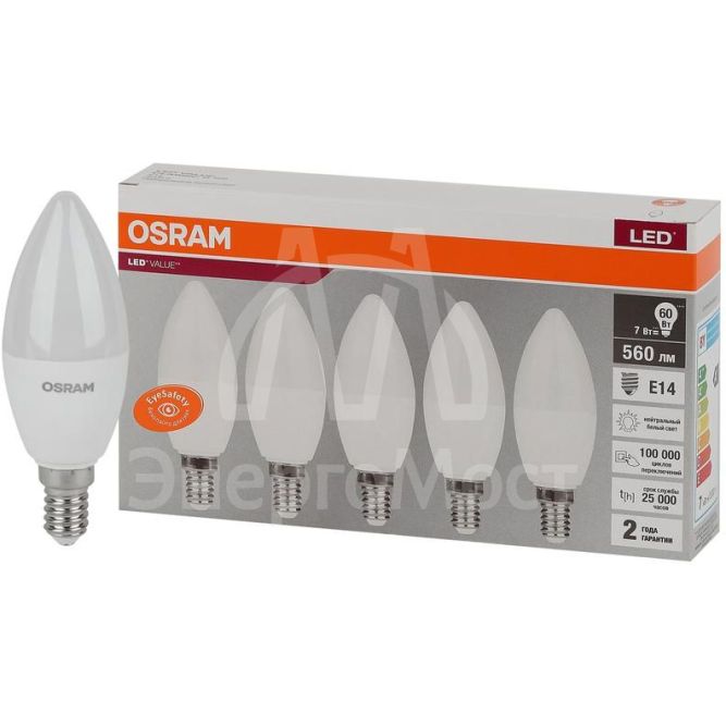 Лампа светодиодная LED Value LVCLB60 7SW/840 230В E14 2х5 RU (уп.5шт) OSRAM 4058075577954