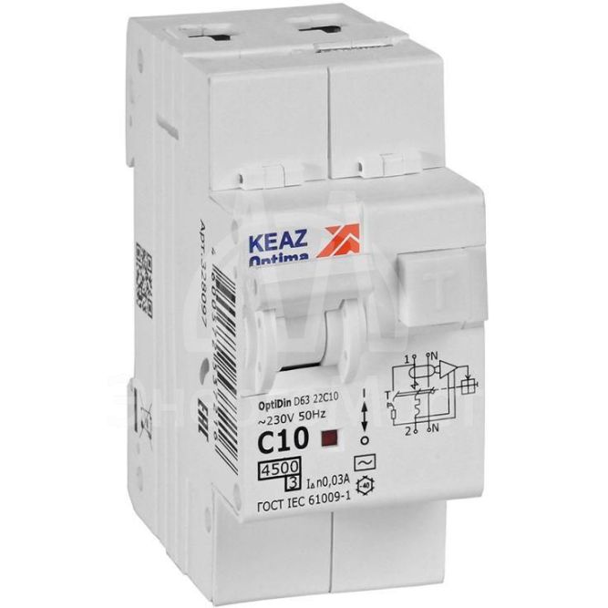 Выключатель автоматический дифференциального тока 2п с защитой от сверхтоков OptiDin D63-22C10-AC-У3 C10 30мА 4.5кА КЭАЗ 328097