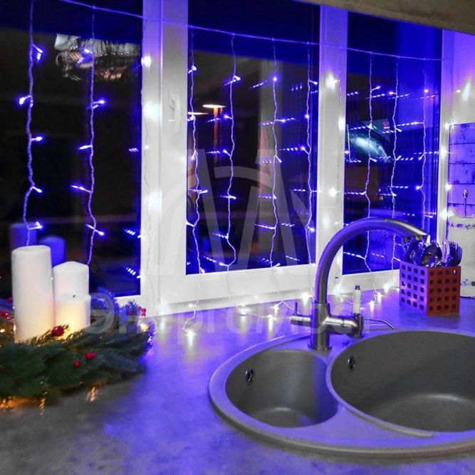 Гирлянда &amp;quot;Светодиодный дождь&amp;quot; с контроллером 1.5х1м 96LED син. прозр. провод 8Вт 220В IP20 NEON-NIGHT 235-023