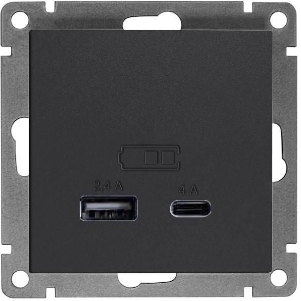 Розетка 2-м USB СП Афина тип А+С 5В 1х2.4А 2х4А механизм графит Universal А0059-Gr
