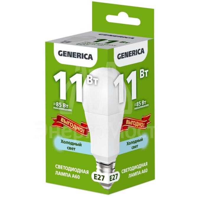 Лампа светодиодная A60 11Вт грушевидная 6500К E27 230В промо GENERICA LL-A60-11-230-65-E27-G