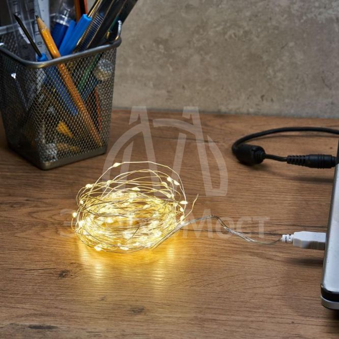 Гирлянда светодиодная &amp;quot;Роса&amp;quot; 10м 100LED тепл. бел. 1Вт IP20 USB Neon-Night 315-976