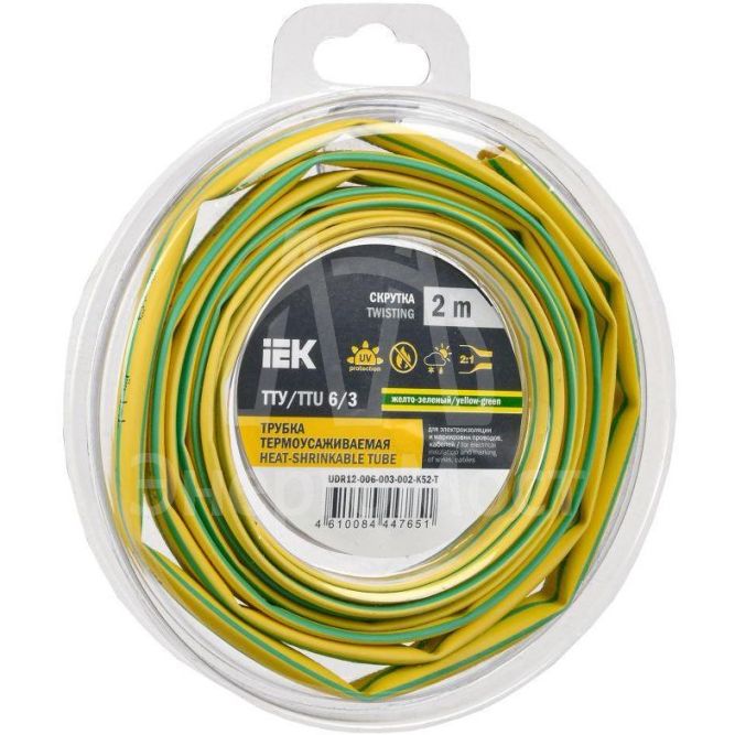 Трубка термоусадочная ТТУ нг-LS 6/3 желт./зел. (уп.2м) IEK UDR12-006-003-002-K52-T