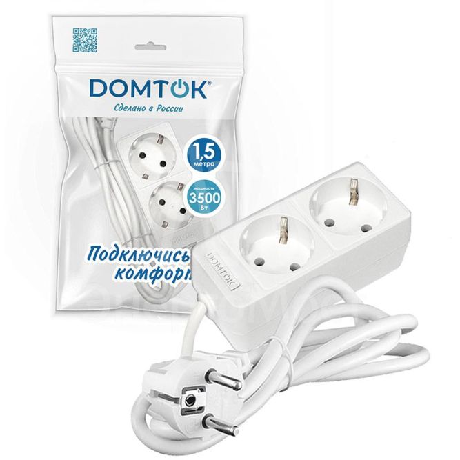 Удлинитель 2х1.5м с заземл. 16А IP20 3.5кВт ПВС 3х1 бел. DOMTOK 2384