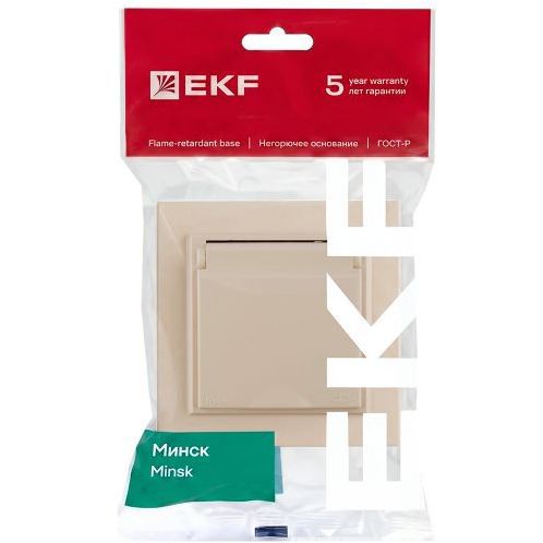 Розетка 1-м СП Минск 16А IP44 с заземл. защ. шторки с крышкой беж. EKF ERR16-029-200-44