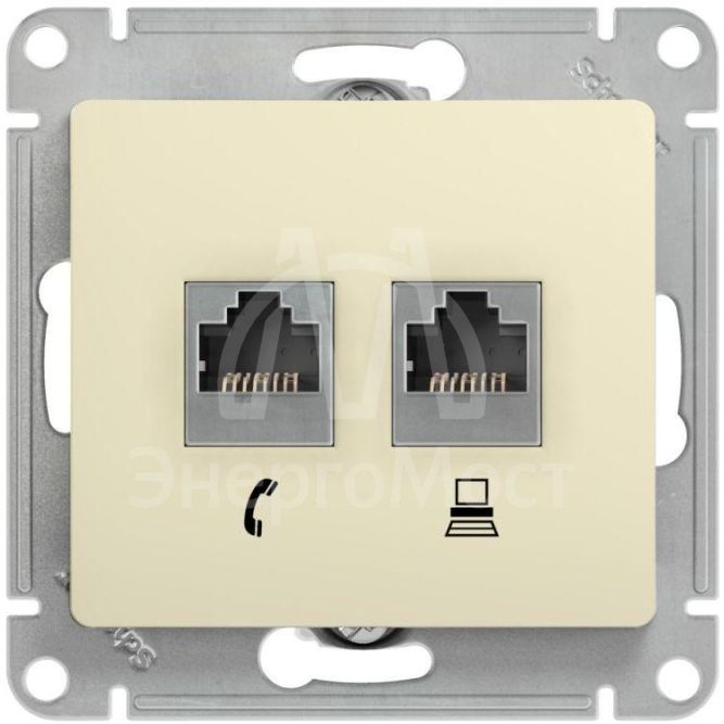 Механизм розетки комп. + телеф. 2-м СП Glossa RJ11 + RJ45 беж. SchE GSL000285