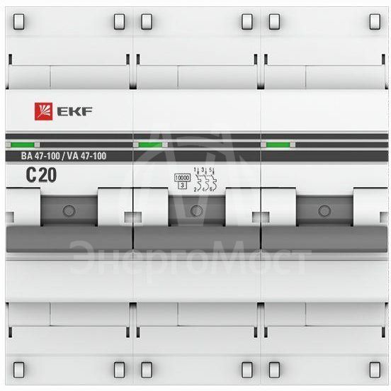 Выключатель автоматический модульный 3п C 20А 10кА ВА 47-100 PROxima EKF mcb47100-3-20C-pro