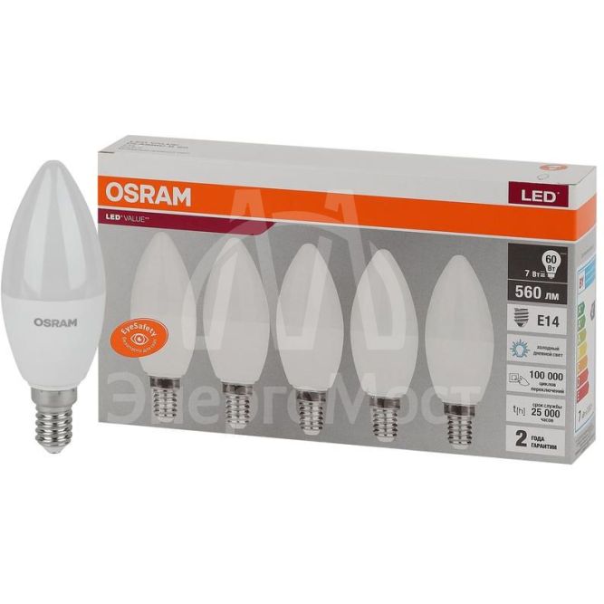 Лампа светодиодная LED Value LVCLB60 7SW/865 230В E14 2х5 RU (уп.5шт) OSRAM 4058075577985