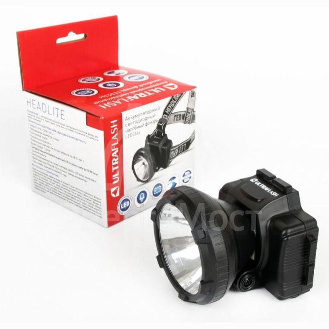 Фонарь налобный аккумуляторный LED 5364 (220В LED 2 режима; черн.) Ultraflash 11258