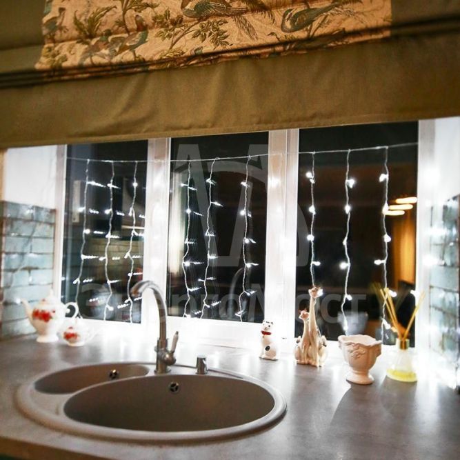 Гирлянда &amp;quot;Светодиодный дождь&amp;quot; с контроллером 1.5х1м 96LED бел. прозр. провод 8Вт 230В IP20 NEON-NIGHT 235-025