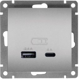 Розетка 2-м USB СП Афина тип А+С 5В 1х2.4А 2х4А механизм серебро Universal А0059-S