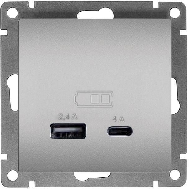 Розетка 2-м USB СП Афина тип А+С 5В 1х2.4А 2х4А механизм серебро Universal А0059-S