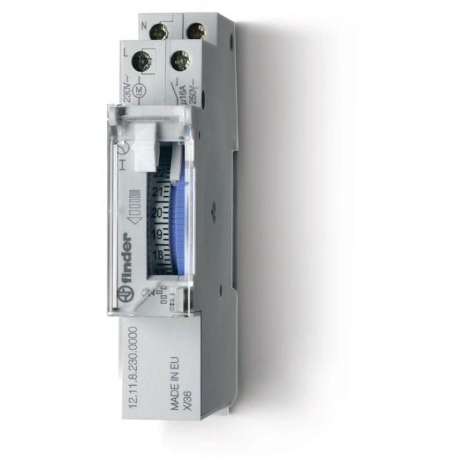 Реле времени механическое суточное 16А 230В AC 1NO 17.6мм монтаж на рейку 35мм резервн. источник питания IP20 FINDER 121182300000