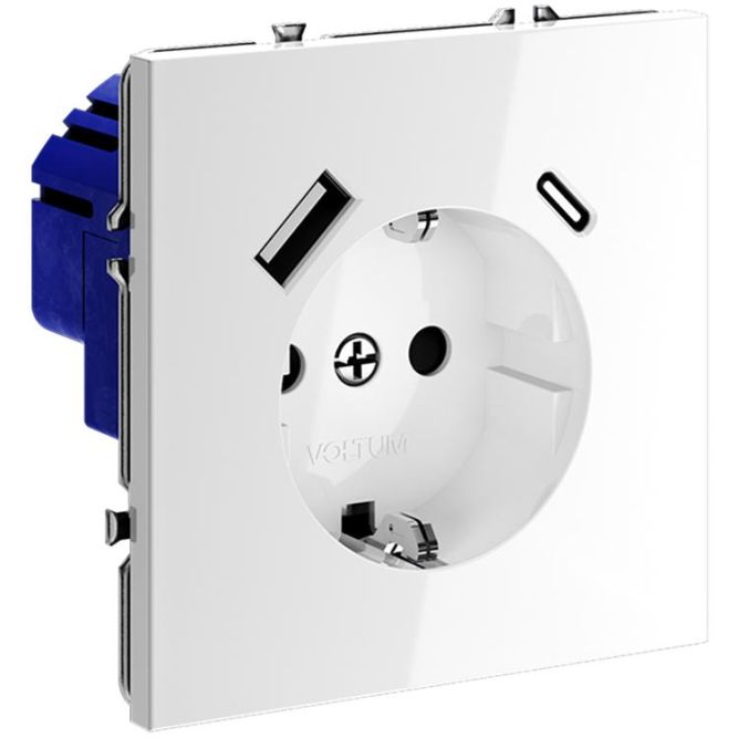 Розетка 1-м СП S70 16А с USB тип A+С механизм с заземл. защ. шторки бел. глянцевый Voltum VLS040501