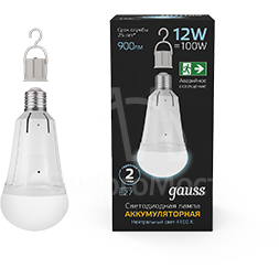 Лампа светодиодная 12Вт A80 4100К нейтр. бел. E27 900лм аварийная Li-Ion аккум. GAUSS 102002212