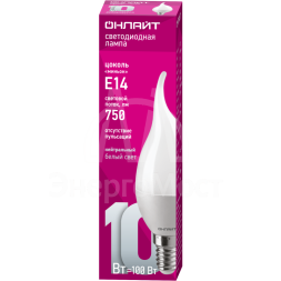 Лампа светодиодная 61 963 OLL-FC37-10-230-4K-E14-FR 10Вт свеча на ветру 4000К бел. E14 750лм 220-240В ОНЛАЙТ 61963