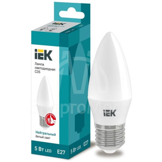 Лампа светодиодная ECO C35 5Вт свеча 4000К бел. E27 450лм 230-240В IEK LLE-C35-5-230-40-E27