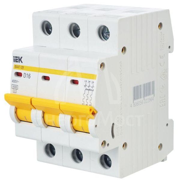 Выключатель автоматический модульный 3п D 16А 4.5кА ВА47-29 IEK MVA20-3-016-D