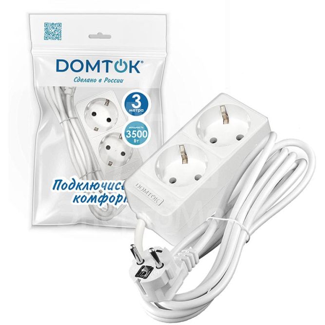 Удлинитель 2х3м с заземл. 16А IP20 3.5кВт ПВС 3х1 бел. DOMTOK 2386