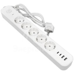 Удлинитель 5х3м IP20 2USB 2.4А+2type-C LUX 1.5кв.мм EKF UBA-LUX-503-TC