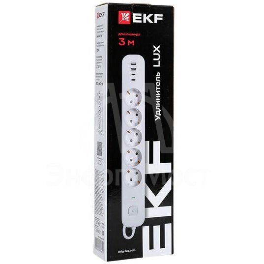 Удлинитель 5х3м IP20 2USB 2.4А+2type-C LUX 1.5кв.мм EKF UBA-LUX-503-TC