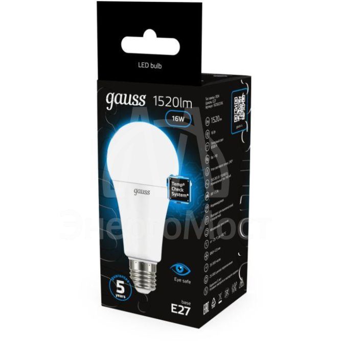Лампа светодиодная Black 16Вт A60 6500К холод. бел. E27 1520лм GAUSS 102502316