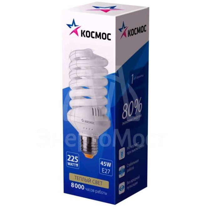 Лампа люминесцентная компакт. SPC 45Вт E27 спиральная 4000К Т3 КОСМОС LKsmT3SPC45wE2742