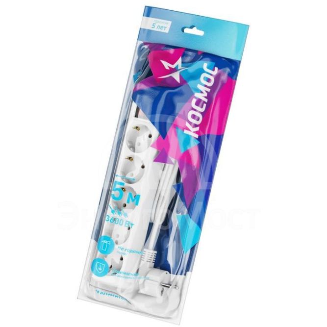 Удлинитель 5х5м с заземл. 16А IP20 ПВС 3х1 с выкл. Космос YKsm5m-5g-Z-V(K)