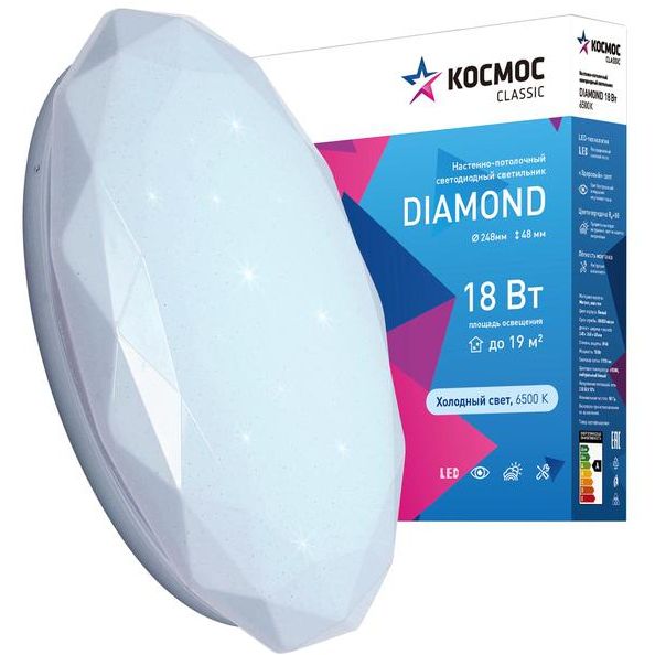 Светильник светодиодный Classic DIAMOND 18Вт 230В 6500К 1170лм 248х48мм настенно-потолочный КОСМОС KCDiam18W_6500