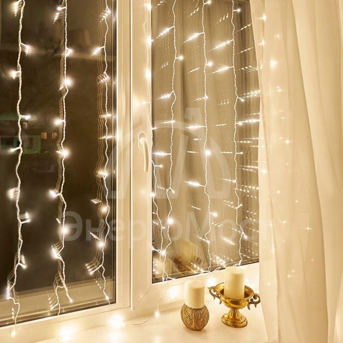 Гирлянда &amp;quot;Светодиодный дождь&amp;quot; с контроллером 1.5х1.5м 144LED тепло-бел. прозр. провод 12Вт 220В IP20 NEON-NIGHT 235-036
