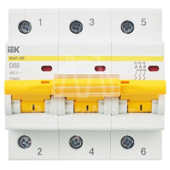 Выключатель автоматический модульный 3п D 80А 10кА ВА47-100 IEK MVA40-3-080-D